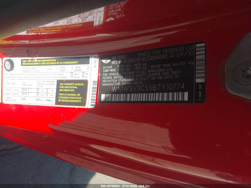 2011 Mini Cooper VIN WMWSV3C55BTY10774 IAAI salvage auction — NORMAL WEAR, Clear - Dealer Only (California), sold $575 on 2026-08-11 (photo 9)