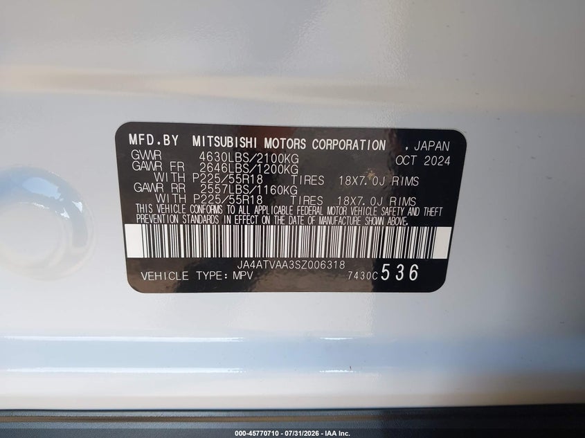 2025 Mitsubishi Eclipse cross VIN JA4ATVAA3SZ006318 IAAI salvage auction — SIDE, Wait Title, sold $7,450 on 2026-09-02 (photo 9)