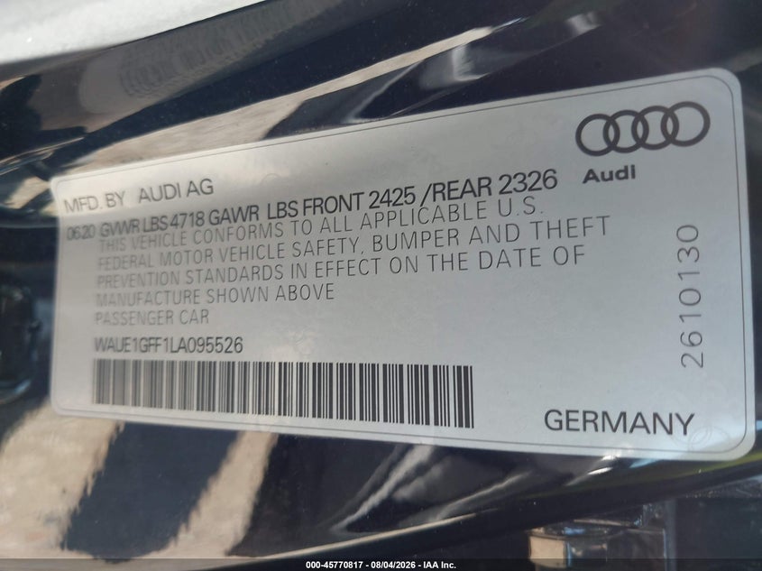 2020 Audi S3 VIN WAUE1GFF1LA095526 IAAI salvage auction — FRONT END, Salvage (Pennsylvania), sold $9,550 on 2026-08-14 (photo 9)
