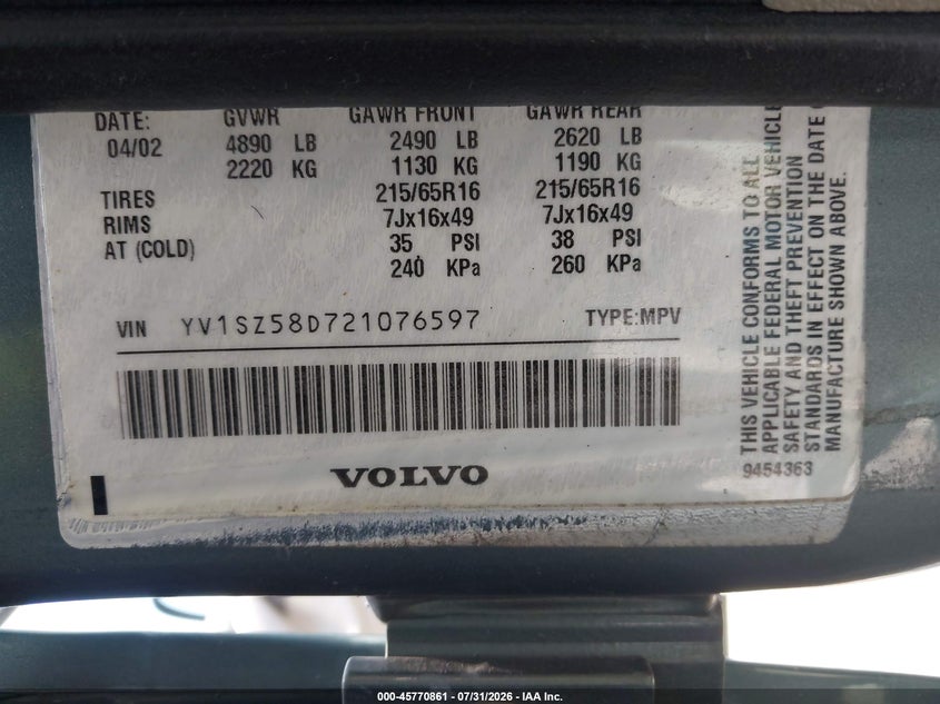 2002 Volvo V70 VIN YV1SZ58D721076597 IAAI salvage auction — FRONT END, Salvage (Pennsylvania), sold $375 on 2026-08-19 (photo 9)