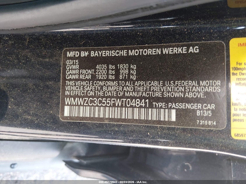 2015 Mini Countryman VIN WMWZC3C55FWT04841 IAAI salvage auction — NORMAL WEAR, Clear (Florida), sold $300 on 2026-08-13 (photo 9)