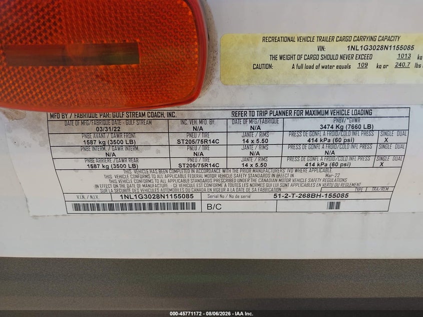 2022 Gulfstream Conquest VIN 1NL1G3028N1155085 IAAI salvage auction — HAIL, Original (Texas), sold $8,300 on 2026-09-14 (photo 9)