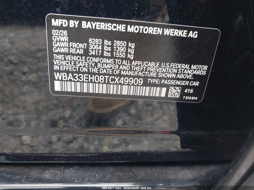 2026 BMW 7er VIN WBA33EH08TCX49909 IAAI salvage auction — ALL OVER, Clear (New Jersey), sold $61,250 on 2026-08-11 (photo 9)