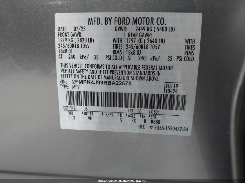 2024 Ford Edge VIN 2FMPK4J99RBA22678 IAAI salvage auction — MECHANICAL, Salvage Title, sold $6,600 on 2026-09-09 (photo 9)