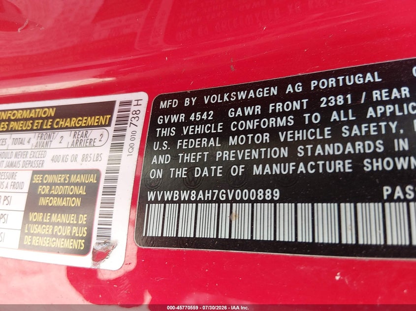 2016 Volkswagen Eos VIN WVWBW8AH7GV000889 IAAI salvage auction — NORMAL WEAR, Salvage Title, sold $25 on 2026-08-17 (photo 9)