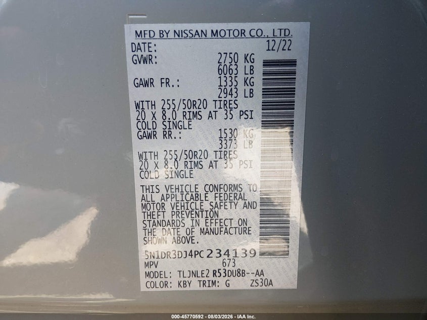 2023 Nissan Pathfinder VIN 5N1DR3DJ4PC234139 IAAI salvage auction — LEFT FRONT, Salvage Title, sold $12,100 on 2026-10-04 (photo 9)