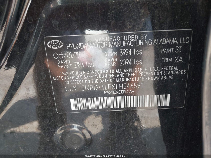 2020 Hyundai Elantra VIN 5NPD74LFXLH546591 IAAI salvage auction — FRONT END, Salvage (Mississippi), sold $1,950 on 2026-08-24 (photo 9)