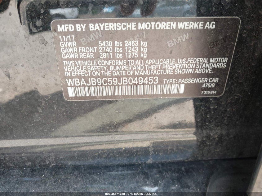 2018 BMW 5er VIN WBAJB9C59JB049453 IAAI salvage auction — FRONT END, Salvage Title, sold $9,300 on 2026-09-19 (photo 9)