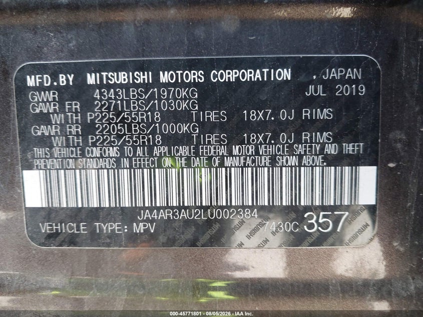 2020 Mitsubishi Outlander VIN JA4AR3AU2LU002384 IAAI salvage auction — FRONT END, Salvage Title, sold $2,500 on 2026-08-29 (photo 9)