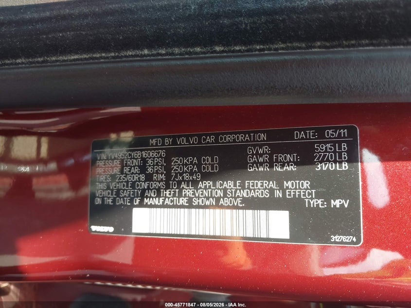 2011 Volvo Xc90 VIN YV4952CY6B1606676 IAAI salvage auction — RIGHT FRONT, Salvage (Tennessee), sold $675 on 2026-08-20 (photo 9)