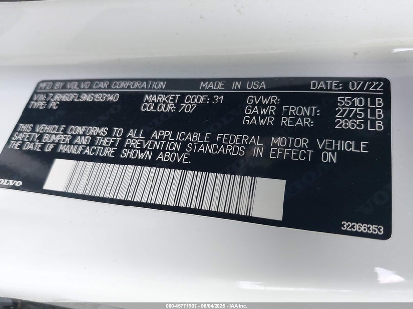 2022 Volvo S60 VIN 7JRH60FL9NG193140 IAAI salvage auction — FRONT & REAR, Salvage Title, sold $8,900 on 2026-08-16 (photo 9)