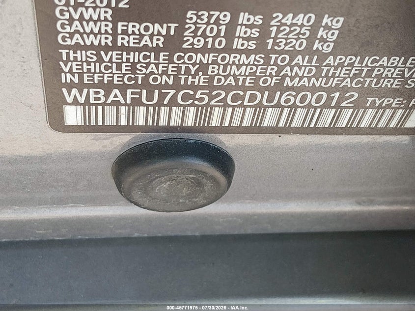 2012 BMW 5er VIN WBAFU7C52CDU60012 IAAI salvage auction — NORMAL WEAR, Original (Texas), sold $350 on 2026-09-04 (photo 9)