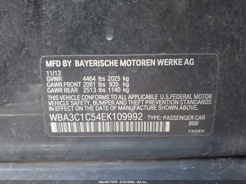 2014 BMW 3er VIN WBA3C1C54EK109992 IAAI salvage auction — NORMAL WEAR, Clear (Tennessee), sold $1,450 on 2026-08-20 (photo 9)