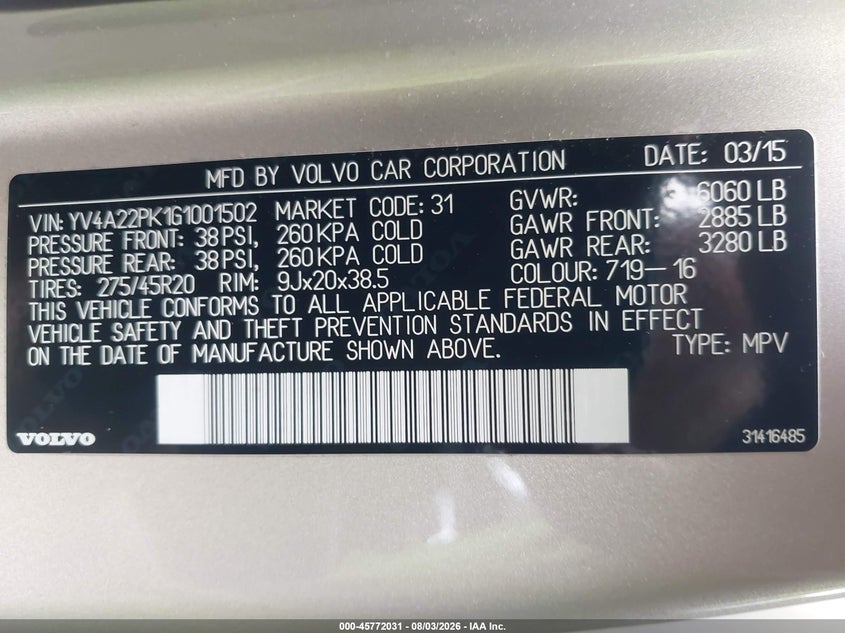 2016 Volvo Xc90 VIN YV4A22PK1G1001502 IAAI salvage auction — NORMAL WEAR, Original (Ohio), sold $2,600 on 2026-08-19 (photo 9)