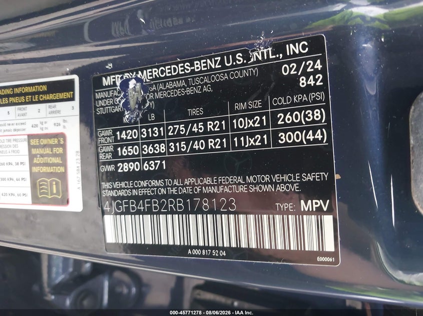 2024 Mercedes-benz Gle VIN 4JGFB4FB2RB178123 IAAI salvage auction — STORM DAMAGE, Salvage (Illinois), sold $29,900 on 2026-09-14 (photo 9)