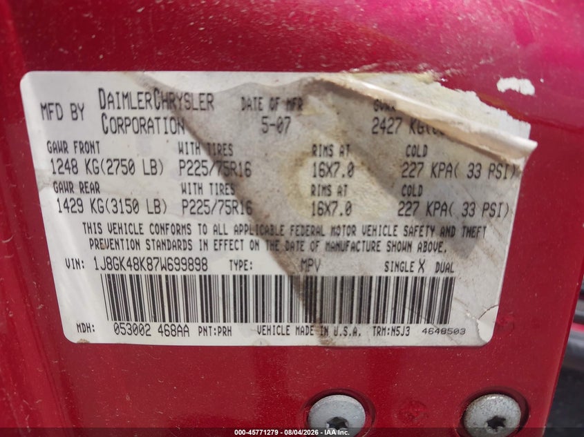 2007 Jeep Liberty VIN 1J8GK48K87W699898 IAAI salvage auction — NORMAL WEAR, Clear (Colorado), sold $450 on 2026-08-21 (photo 9)