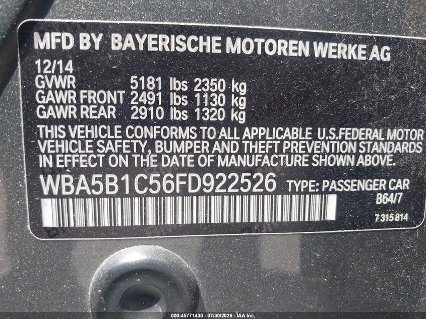 2015 BMW 5er VIN WBA5B1C56FD922526 IAAI salvage auction — FRONT END, Salvage Title, sold $1,850 on 2026-08-17 (photo 9)