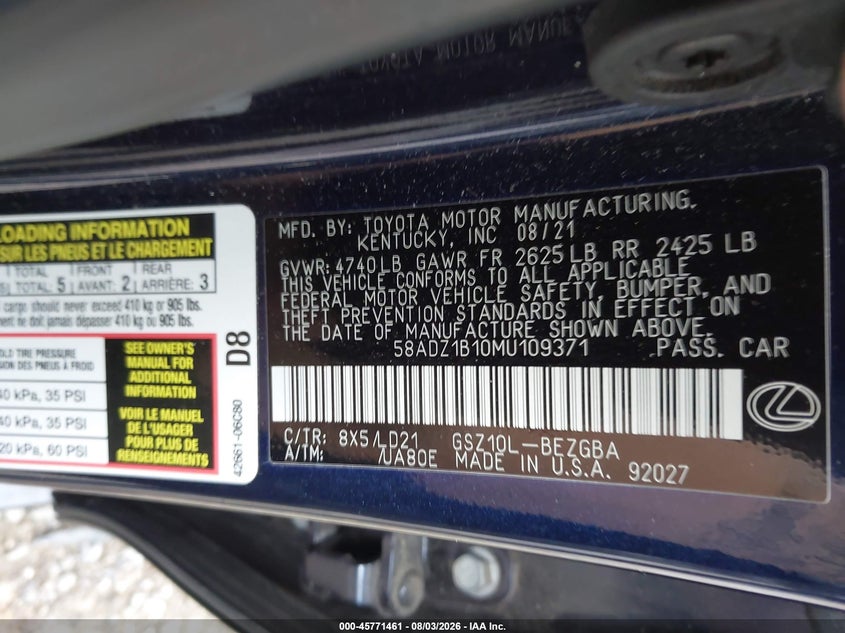 2021 Lexus ES VIN 58ADZ1B10MU109371 IAAI salvage auction — FRONT END, Salvage Title, sold $14,150 on 2026-09-11 (photo 9)