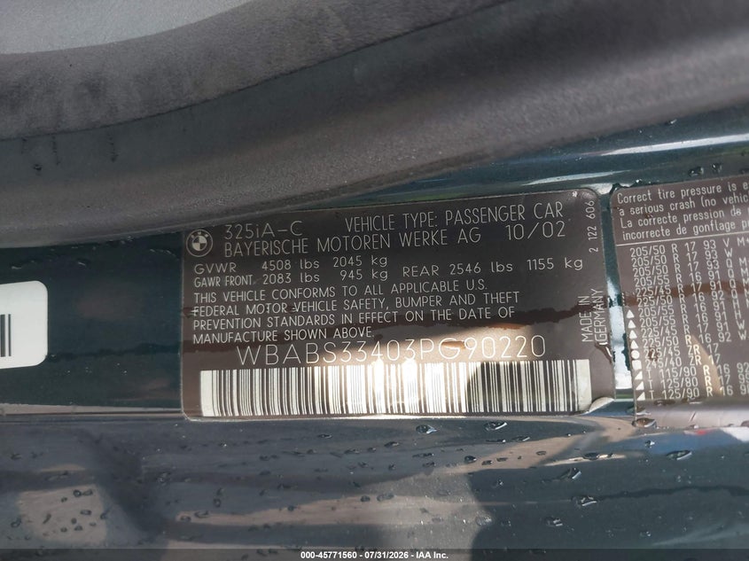2003 BMW 3 series VIN WBABS33403PG90220 IAAI salvage auction — FRONT END, Rebuildable (Florida), sold $1,125 on 2026-08-18 (photo 9)