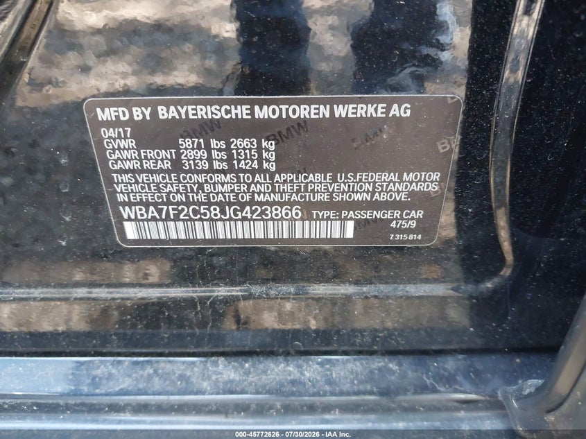 2018 BMW 7er VIN WBA7F2C58JG423866 IAAI salvage auction — LEFT FRONT, Clear (Virginia), sold $4,300 on 2026-08-04 (photo 9)