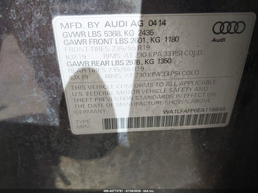 2014 Audi Q5 VIN WA1LFAFP6EA118846 IAAI salvage auction — RIGHT FRONT, Clear (New Mexico), sold $200 on 2026-09-14 (photo 9)
