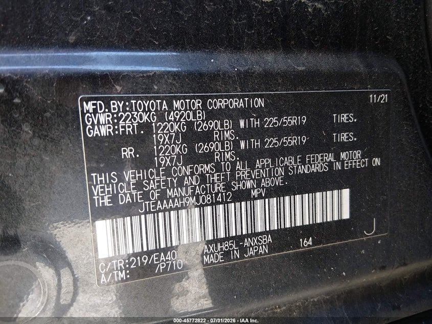 2021 Toyota Venza VIN JTEAAAAH9MJ081412 IAAI salvage auction — FRONT END, Wait Title, sold $12,800 on 2026-08-19 (photo 9)