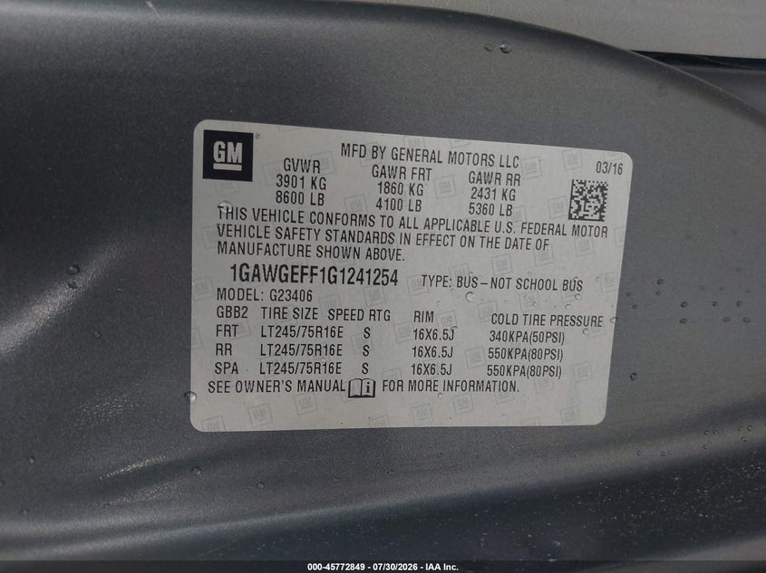2016 Chevrolet Express 2500 VIN 1GAWGEFF1G1241254 IAAI salvage auction — ALL OVER, Sf97 (New Hampshire), sold $9,100 on 2026-08-20 (photo 9)