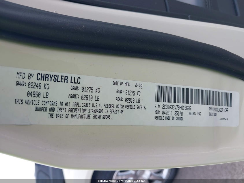 2009 Chrysler 300 VIN 2C3KA33V79H619626 IAAI salvage auction — UNKNOWN, Clear (Tennessee), sold $4,000 on 2026-08-23 (photo 8)