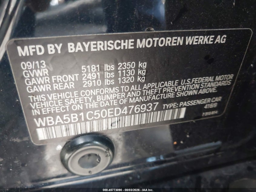 2014 BMW 5er VIN WBA5B1C50ED476937 IAAI salvage auction — FRONT END, Salvage (Virginia), sold $2,050 on 2026-08-16 (photo 9)