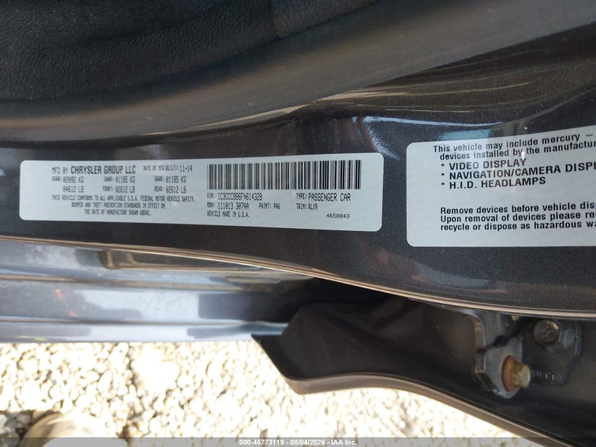 2015 Chrysler 200 VIN 1C3CCCBB6FN614328 IAAI salvage auction — REAR END, Salvage Title, sold $625 on 2026-08-30 (photo 9)
