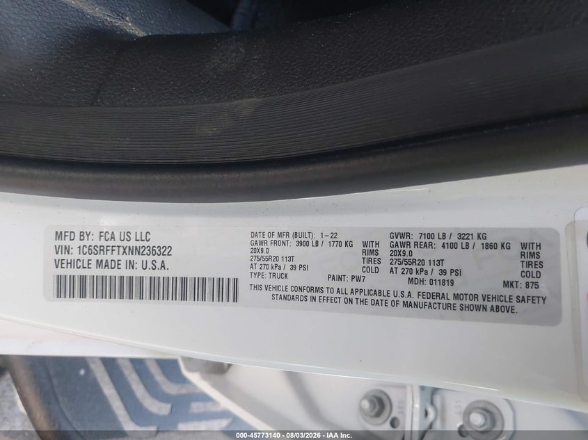 2022 Ram 1500 VIN 1C6SRFFTXNN236322 IAAI salvage auction — THEFT, Salvage Title, sold $11,900 on 2026-08-25 (photo 9)
