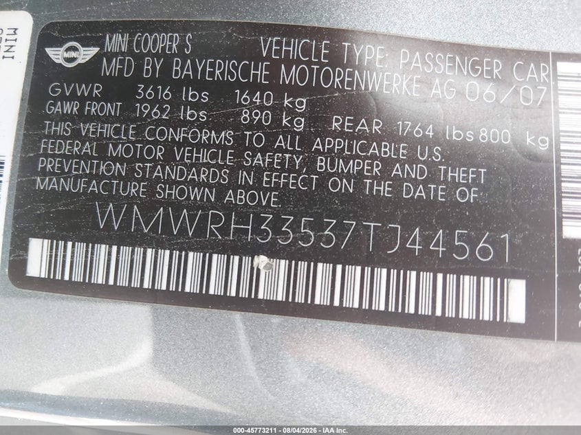 2007 Mini Cooper VIN WMWRH33537TJ44561 IAAI salvage auction — NORMAL WEAR, Clear (North Carolina), sold $400 on 2026-08-12 (photo 9)