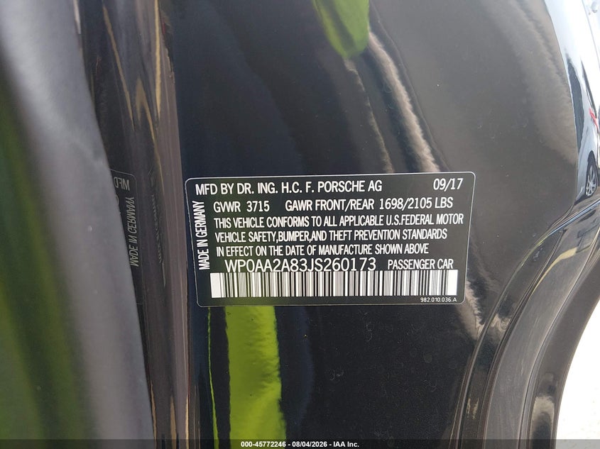 2018 Porsche 718 cayman VIN WP0AA2A83JS260173 IAAI salvage auction — FRONT END, Salvage Title, sold $25,000 on 2026-09-23 (photo 9)