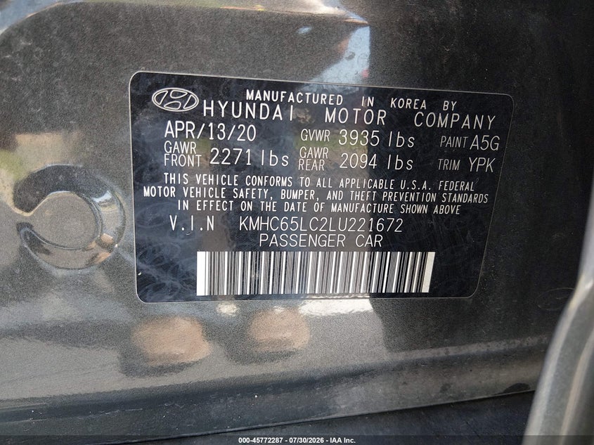 2020 Hyundai Ioniq hybrid VIN KMHC65LC2LU221672 IAAI salvage auction — NORMAL WEAR, SF97 (Virginia), sold $9,200 on 2026-08-19 (photo 9)