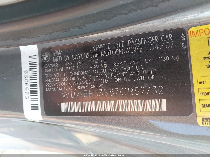 2007 BMW 6 series VIN WBAEH13587CR52732 IAAI salvage auction — NORMAL WEAR, Clear (New York), sold $450 on 2026-08-04 (photo 9)