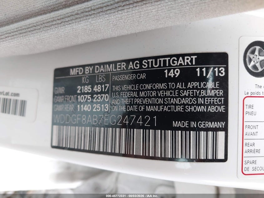 2014 Mercedes-benz C-klasse VIN WDDGF8AB7EG247421 IAAI salvage auction — FRONT END, Salvage Title, sold $2,450 on 2026-08-13 (photo 8)