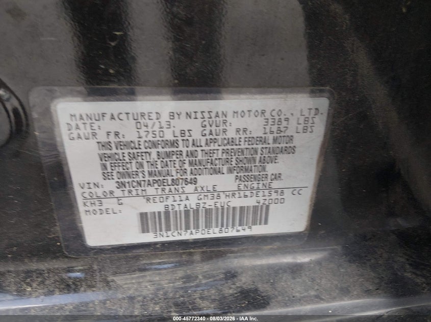 2014 Nissan Versa VIN 3N1CN7AP0EL807649 IAAI salvage auction — NORMAL WEAR, Clear (Mississippi), sold $450 on 2026-08-28 (photo 9)