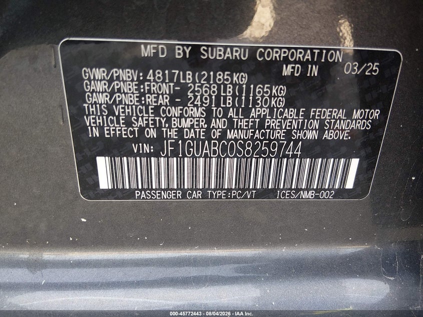 2025 Subaru Impreza VIN JF1GUABC0S8259744 IAAI salvage auction — LEFT FRONT, Salvage (Illinois), sold $3,775 on 2026-09-16 (photo 9)