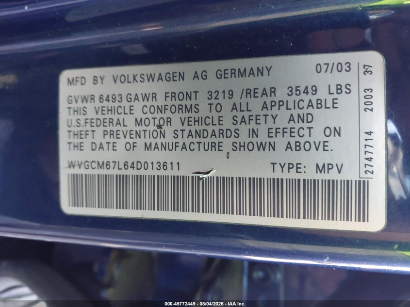 2004 Volkswagen Touareg VIN WVGCM67L64D013611 IAAI salvage auction — NORMAL WEAR, Clear (New York), sold $550 on 2026-08-06 (photo 9)