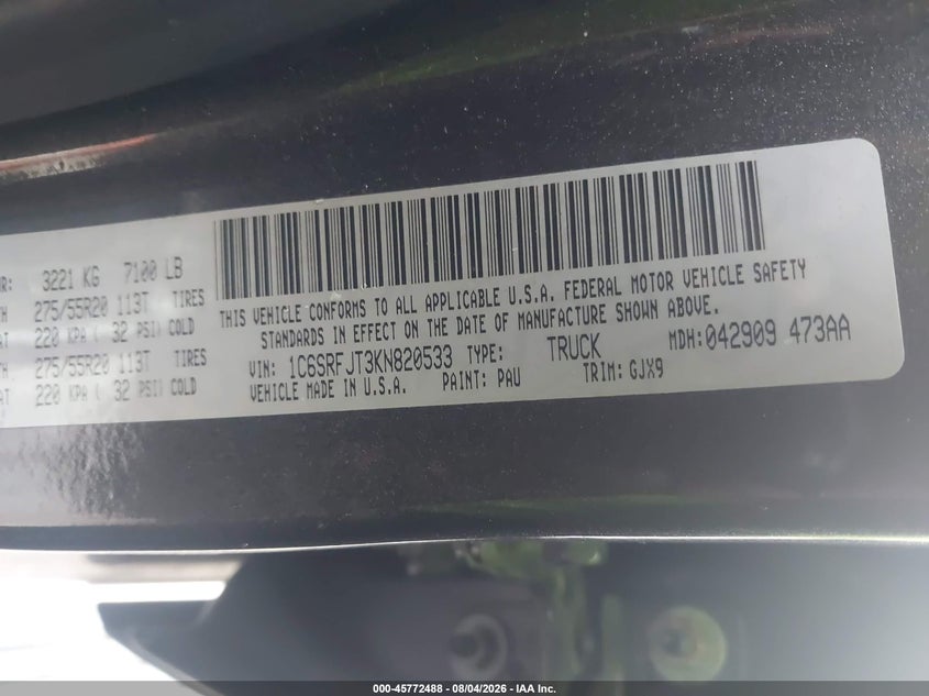 2019 Ram 1500 VIN 1C6SRFJT3KN820533 IAAI salvage auction — FRONT END, Salvage Title, sold $9,700 on 2026-08-21 (photo 9)
