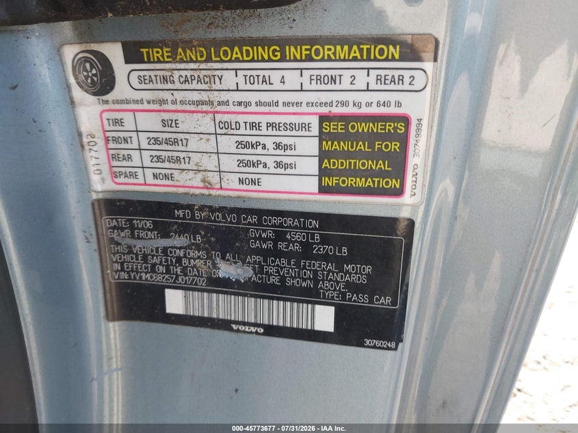 2007 Volvo C70 VIN YV1MC68257J017702 IAAI salvage auction — NORMAL WEAR, Clear (North Carolina), sold $550 on 2026-08-06 (photo 9)
