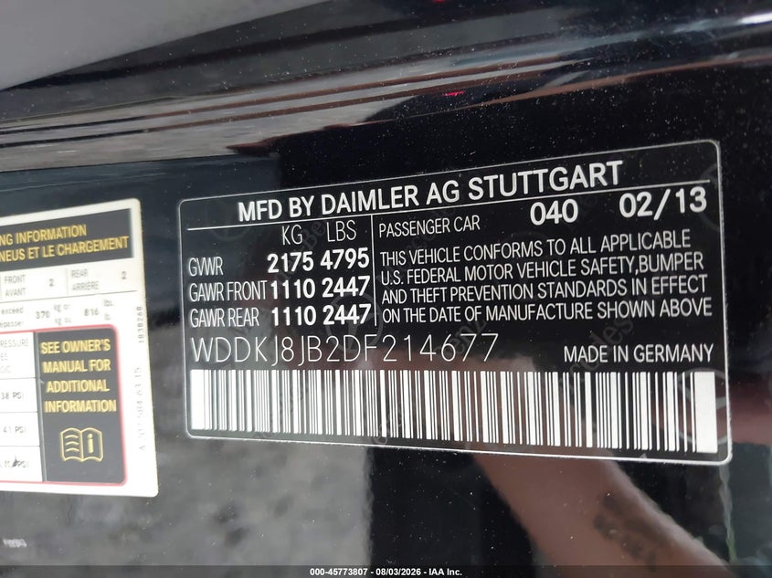 2013 Mercedes-benz E-klasse VIN WDDKJ8JB2DF214677 IAAI salvage auction — REAR END, Wait Title, sold $4,300 on 2026-08-30 (photo 9)