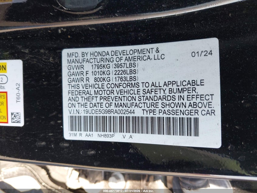 2024 Acura Integra VIN 19UDE5G98RA002544 IAAI salvage auction — THEFT, Salvage (California), sold $14,150 on 2026-08-29 (photo 9)