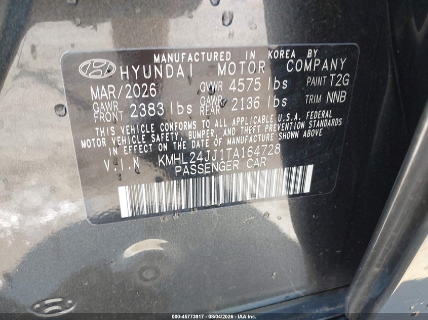 2026 Hyundai Sonata VIN KMHL24JJ1TA164728 IAAI salvage auction — REAR END, Salvage Title, sold $14,500 on 2026-09-22 (photo 9)