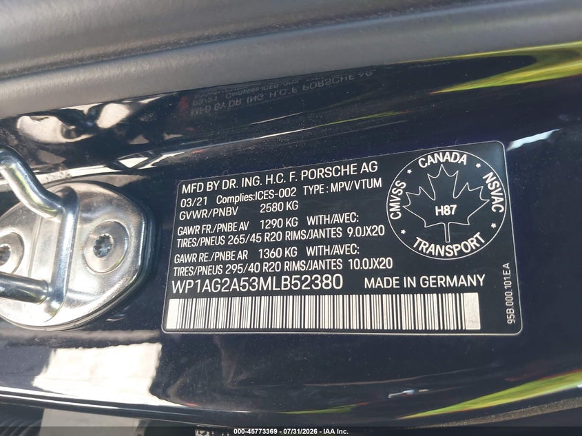 2021 Porsche Macan VIN WP1AG2A53MLB52380 IAAI salvage auction — FRONT END, Salvage (California), sold $19,800 on 2026-08-10 (photo 9)