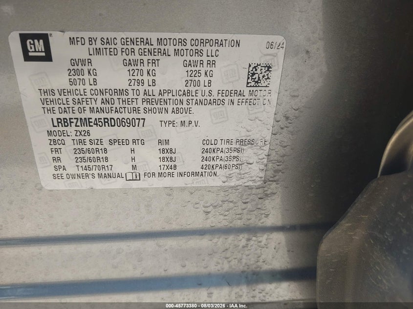 2024 Buick Envision VIN LRBFZME45RD069077 IAAI salvage auction — RIGHT FRONT, Salvage (Texas), sold $7,450 on 2026-08-26 (photo 9)