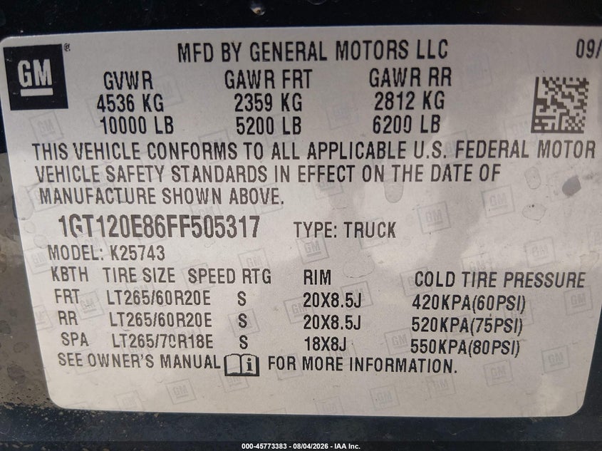 2015 Gmc VIN 1GT120E86FF505317 IAAI salvage auction — ELECTRICAL, Salvage (Mississippi), sold $7,275 on 2026-09-02 (photo 9)
