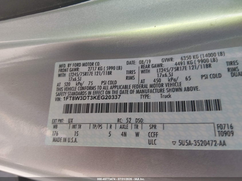 2019 Ford F350 VIN 1FT8W3DT3KEG20337 IAAI salvage auction — RIGHT FRONT, Wait Title, sold $11,750 on 2026-09-30 (photo 9)