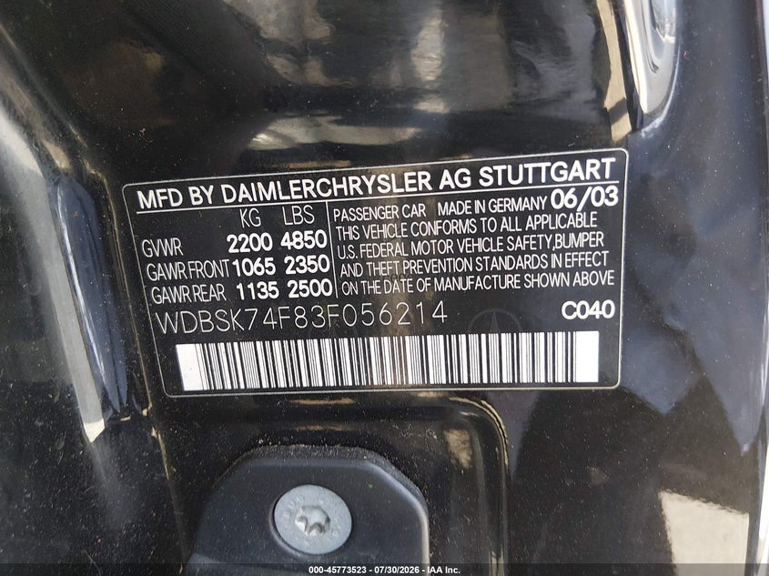 2003 Mercedes-benz Sl-class VIN WDBSK74F83F056214 IAAI salvage auction — NORMAL WEAR, Clear (Montana), sold $8,300 on 2026-08-13 (photo 9)