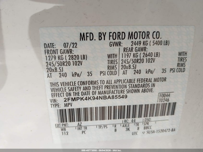 2022 Ford Edge VIN 2FMPK4K94NBA85549 IAAI salvage auction — FRONT END, Salvage (Pennsylvania), sold $11,275 on 2026-08-18 (photo 9)